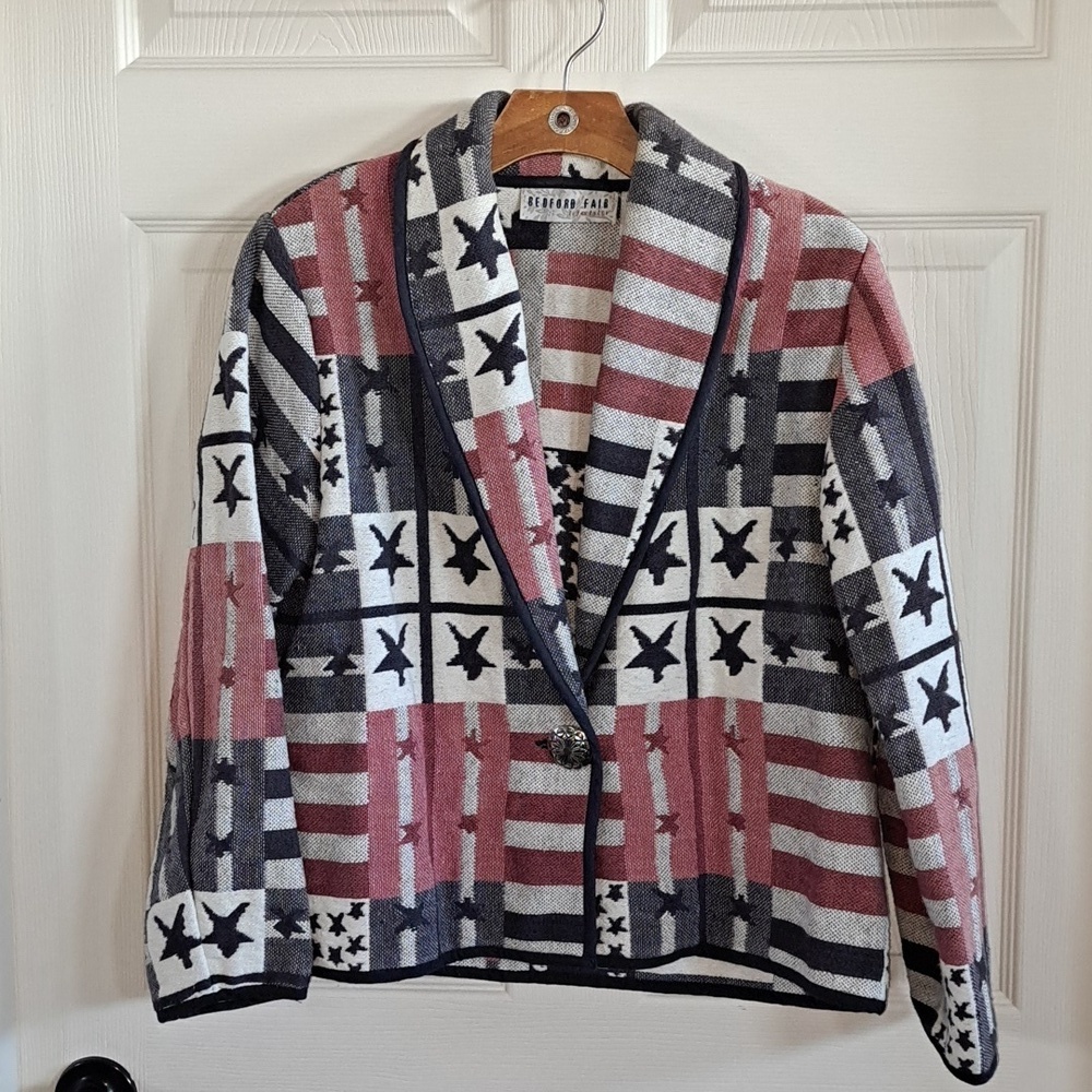 Vintage Bedford Fair 100% Cotton Americana Patriotic Flag Chunky Blazer Jacket